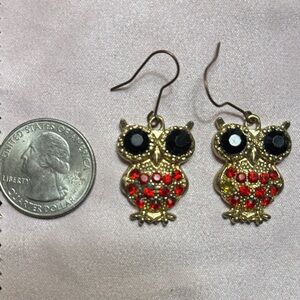 Gold and Red Owl Earrings
